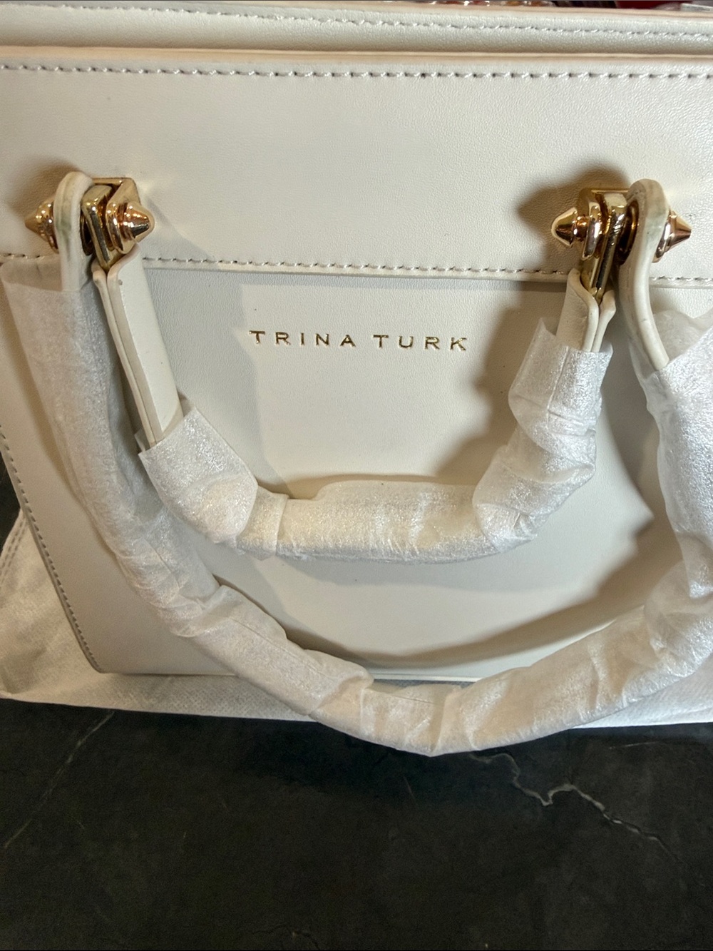 Trina Turk White Leather Satchel with Gold Accents
